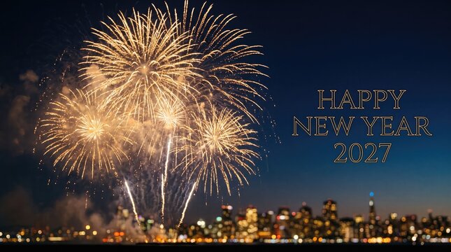 Stunning fireworks display over a city skyline at night with happy new year 2027 text luxury gold vintage frames and ornate borders set