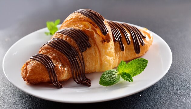 delicious cream filled croissant with chocolate drizzle and fresh mint garnish