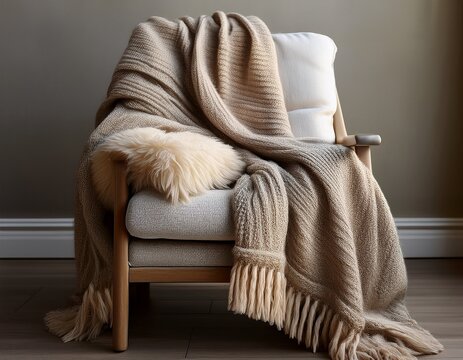 wool blanket draped over linen chair with soft lighting