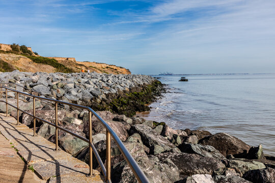 Granite Rock armour coastal defences, Walton-on-the-Naze, Essex, UK.