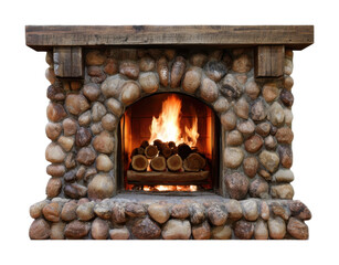 Obraz premium PNG Rustic stone fireplace with warm burning fire and stacked logs