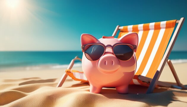 cute piggy bank with sunglasses relaxing on a sun lounger at the beach summer vacation concept
