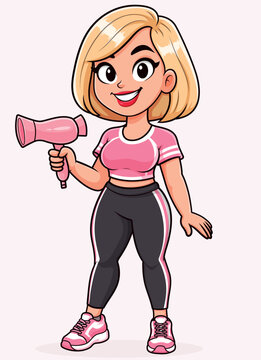 Cute Female Hair Stylist Character Holding Hair Dryer, Cartoon Vector Illustration
