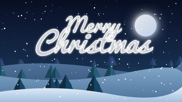 Merry Christmas greeting card design with winter landscape, falling snow, and full moon