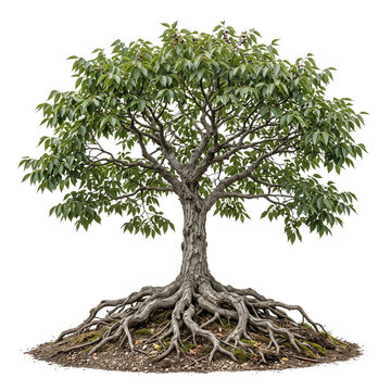 Ultra realistic Hackberry tree with visible exposed root system, isolated on white bg, 11 ratio, 8k highres studio botanical photography, crisp focus, studio lighting