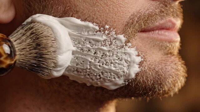 A mature man applies thick white foam on his stubble with a classic wooden shaving brush at home spa.