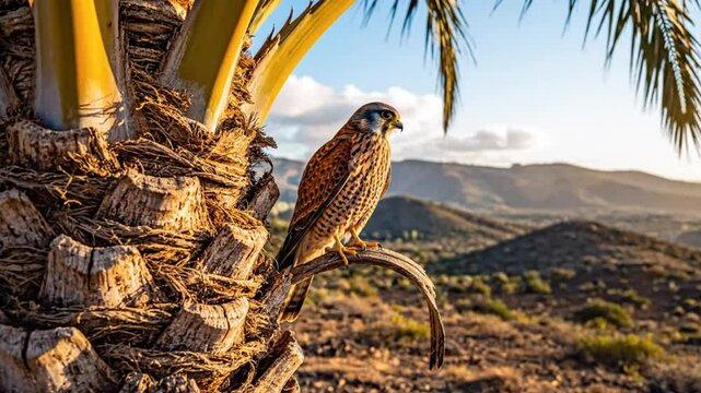 Kestrel perched on palm tree branch with wings spread in beautiful golden hour light over hills