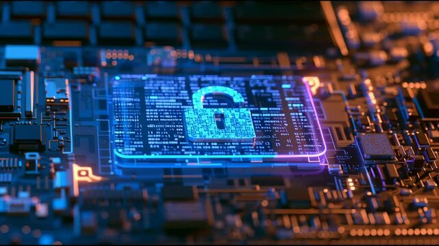 Digital locks appear on a circuit board showing advanced security features for data protection in a modern technology setting.