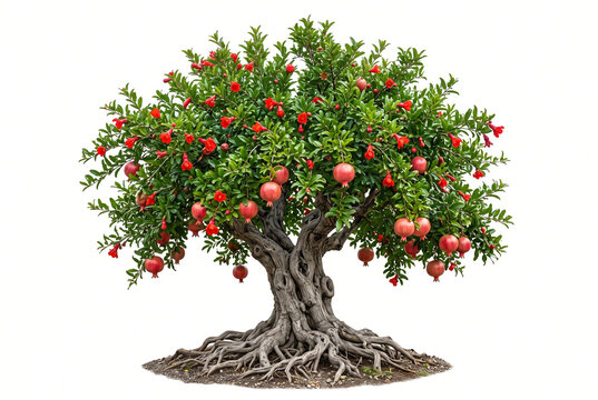 Mature Pomegranate tree, compact branching crown, glossy green leaves, red flowers and ripe fruits, textured trunk with exposed roots, ultra-realistic 8K, sharp focus, isolated white,