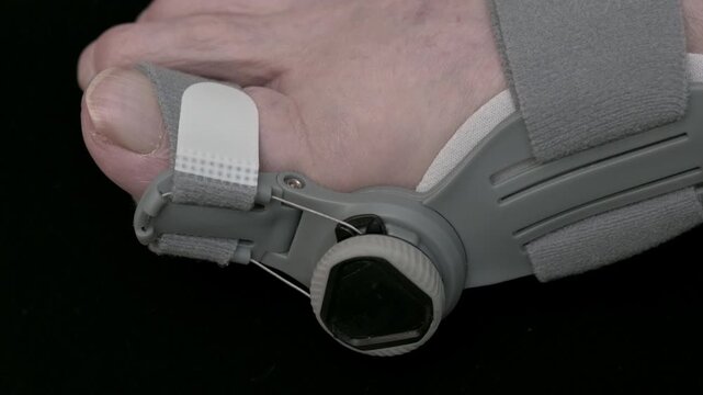 4K macro close-up of a hallux valgus correction brace supporting big toe alignment and foot positioning. Shows an orthopedic device for bunion and Hallux valgus care.