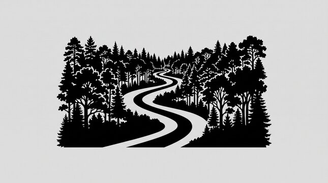 Vintage forest river landscape silhouette graphic, monochrome nature woods woodcut art, linocut outdoor adventure print illustration isolated on White Background