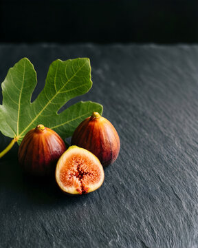 Three ripe figs beside one complete fresh fig leaf for autumn food, farm retail and harvest-season campaign