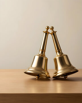 Pair of separate polished-brass celebration bells with complete clappers for New Year 2027 celebration, hospitality and annual-planning campaign