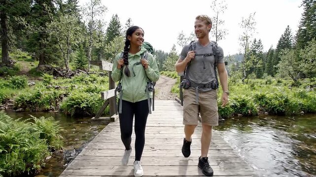 A young Caucasian man and ethnic Indian woman with backpacks hike together over a rustic wooden forest bridge.