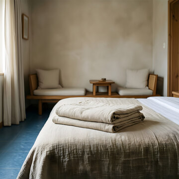 Calm functional zone organized around a quiet guest room with folded natural linen and uncluttered circulation, reduced to an adaptable high-clarity campaign composition for calm travel