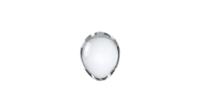 Glossy transparent oval shape, possibly a droplet or lens, isolated on a dark transparent background, showcasing reflection and purity.
