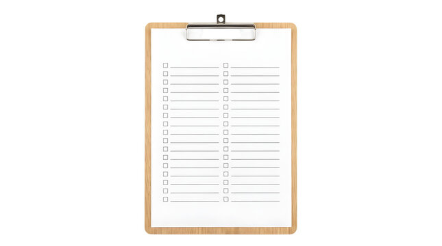 Wooden clipboard with a blank checklist paper isolated on a transparent background for professional business task management and organization