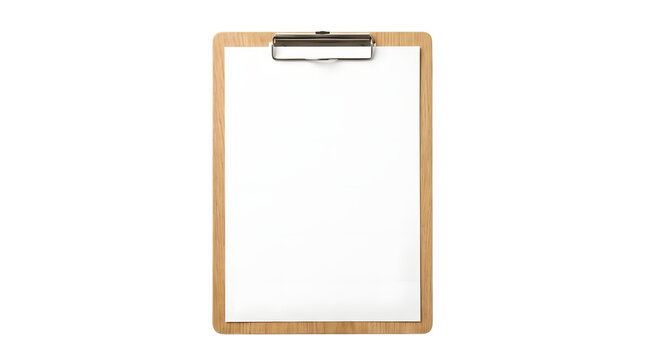Wooden clipboard with a blank white sheet of paper isolated on a transparent background for professional business document presentation