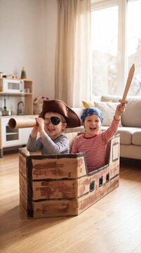 Two joyful children dressed as pirates, one with an eye patch and the other holding a sword, enthusiastically play in a homemade cardboard pirate ship in a sunlit living room.