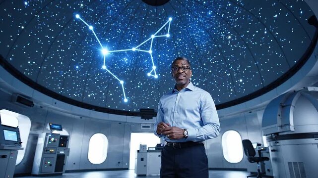 African American man points to constellation in planetarium, explaining astronomy concepts indoors