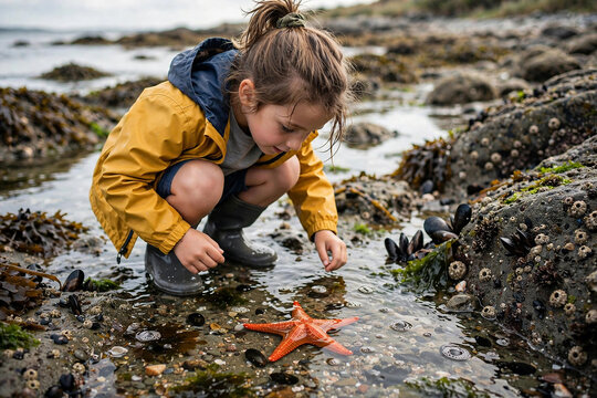 Child exploring tidal pool at seaside