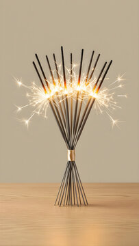 Small unlit bundle of plain sparklers tied with one narrow metallic ribbon for New Year 2027 celebration, hospitality and annual-planning campaign
