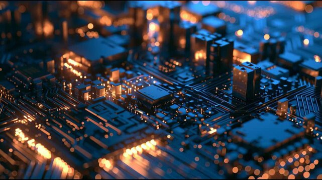Glowing lights blink across a circuit board, illustrating the complexity and design of electronic components in a modern setting.
