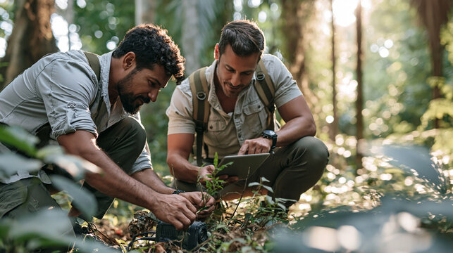 Field ecologists using digital tablet and equipment for environmental research