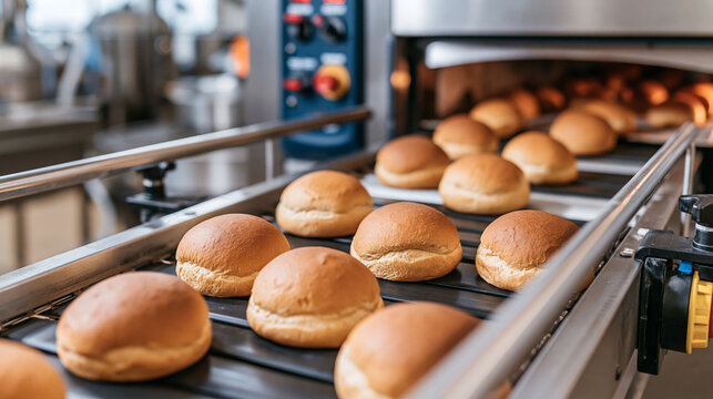 Freshly baked bread rolls moving on conveyor belt in industrial food factory