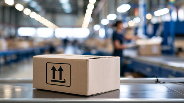Parcel box on conveyor belt moving in busy warehouse logistics facility