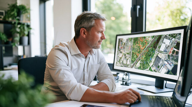 Urban planner analyzing satellite imagery for city development and infrastructure