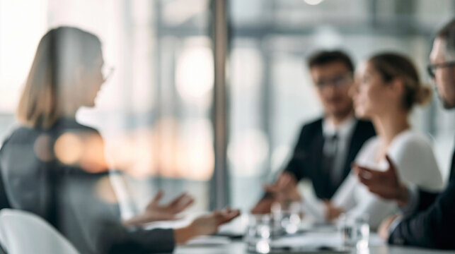 Business professionals having discussion in blurred modern corporate meeting room
