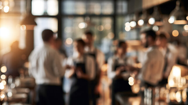Blurry restaurant atmosphere with people, staff providing hospitality service