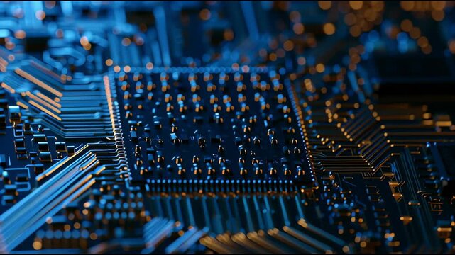 A microchip with complex circuitry is shown with changes in lighting that highlight different features of the component.