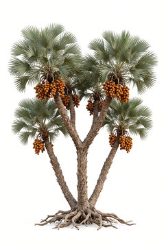 Ultra-realistic mature Doum Palm (Hyphaene thebaica), distinctive branching desert palm with multiple thick woody trunks, fan-shaped gray-green leaves forming rounded crowns, clusters of large orange-