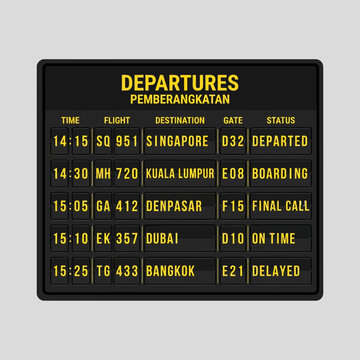 Flight departure board displaying various international destinations and statuses.