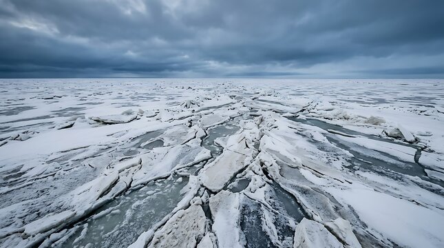 Cracked ice on a frozen lake surface with a deep blue sky above during a cold winter day in a wide open snowy landscape
