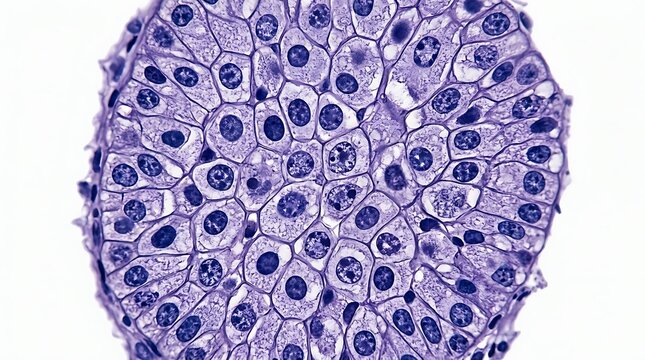 Microscopic view of purple human cells showing nuclei and cell structure in a circular arrangement for medical research