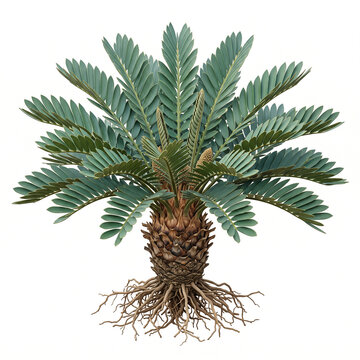 Ultra-realistic mature Cardboard Palm (Zamia furfuracea), complete compact cycad with exposed roots, short thick trunk, dense symmetrical crown of stiff leathery blue-green pinnate leaves