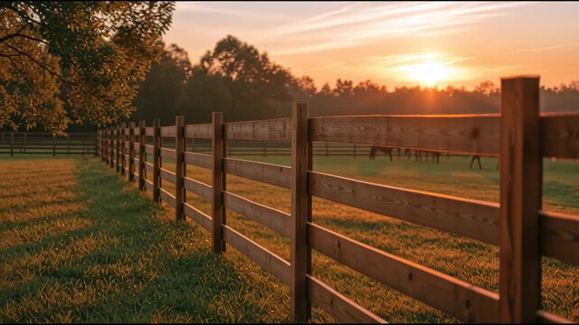 Sunlight shines through a wooden fence as horses graze in the field during sunset, creating a warm and inviting atmosphere.