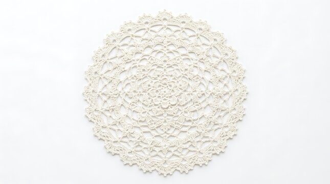 A beautiful vintage handmade round lace doily with intricate floral crochet patterns for elegant home table decoration