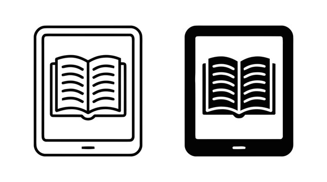 Vector illustration of ebook reader tablet icon with open book in outline and solid style on a transparent background
