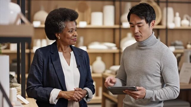 A mature African American businesswoman and an Asian man discuss retail strategies while using a digital tablet in a modern home decor store setting.