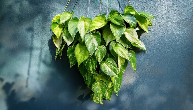 heart shaped green variegated leave hanging vine plant bush of devilrs ivy or golden pothos epipremnum aureum popular foliage tropical houseplant