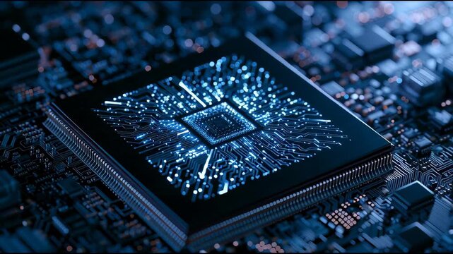 A processor sits on a circuit board as lights pulse and shift. The colors change in sync with electronic signals in a technological setting.