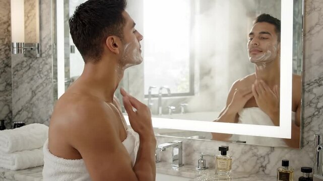 A young Hispanic man wearing a white towel applies moisturizing face cream in front of a bathroom mirror.