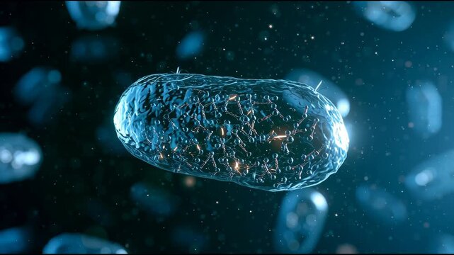 Bacteria are shown moving through a fluid, revealing their shape and interaction with the surrounding environment over time.