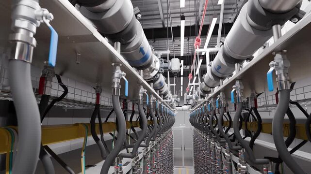 AI Data center liquid cooling pipes above server racks, hoses down, 3D render
