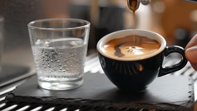 Espresso pouring into blue cup beside glass of water on slate surface in coffee shop setting