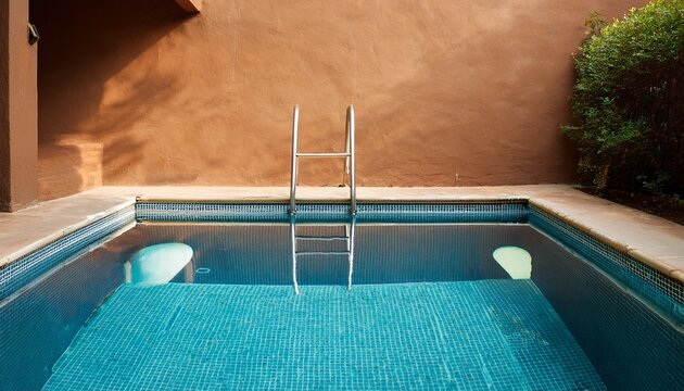 staircase pool or pool ladder outdoor swimming pool in old hotel with brown wall